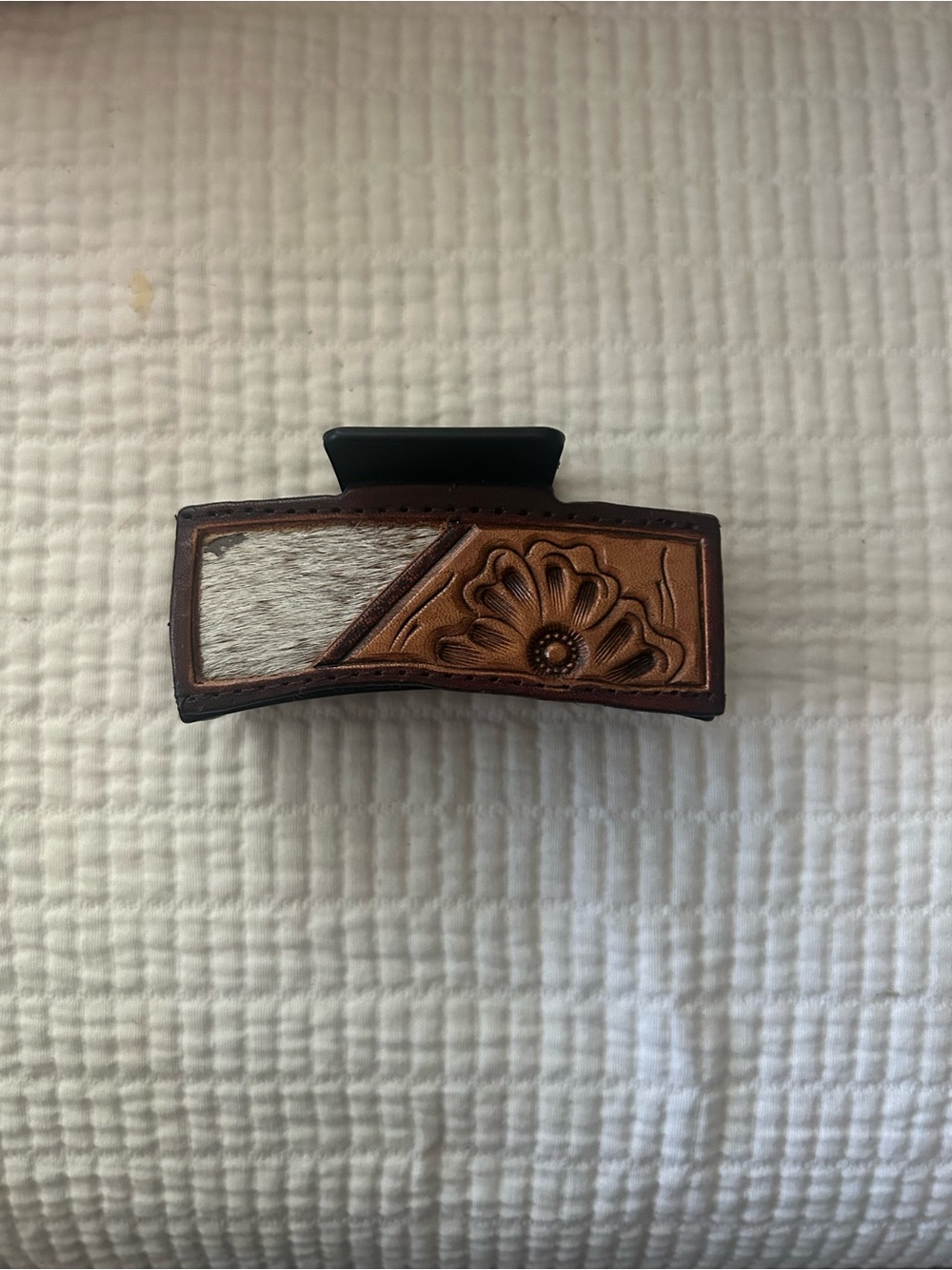 Leather Floral Hair Clip with Cowhide Accent - Brown & White